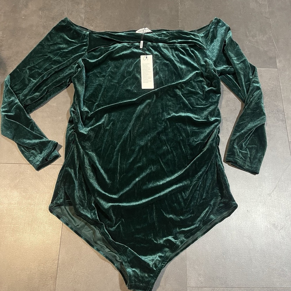 Womens Green Velour Bodysuit Sz 2xl Ruched Snap Crotch Kate Kasin F-37 NWT